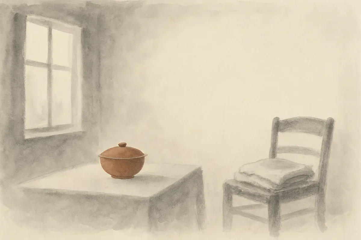 Ink wash illustration of a quiet interior: a window with morning light, a covered bowl and a folded blanket.