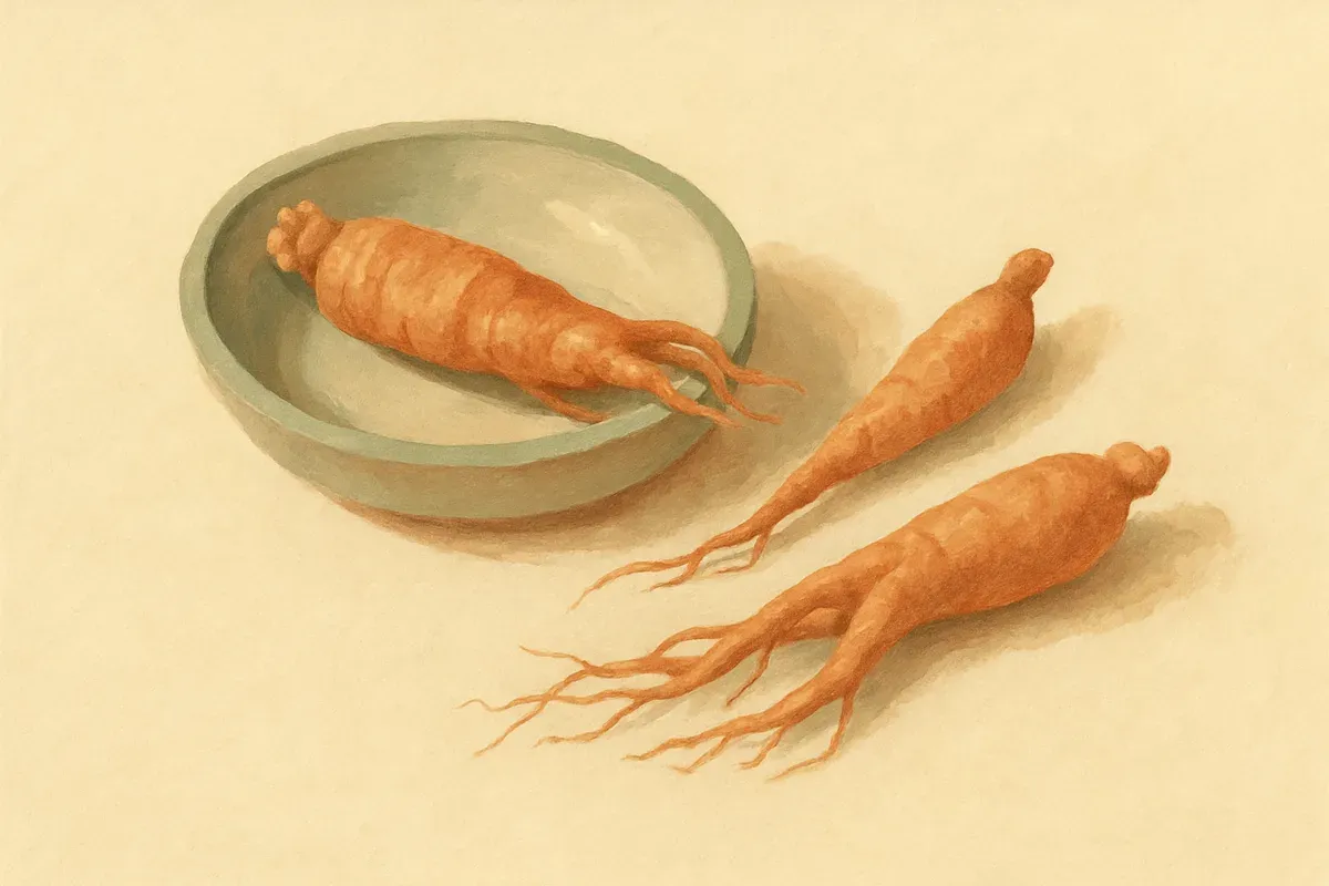Illustration of American ginseng, the cooling qi tonic.