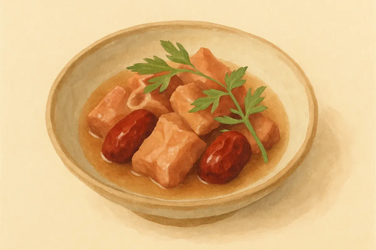 Illustration of Angelica and red date steamed pork ribs, made with Chinese angelica and Red dates.