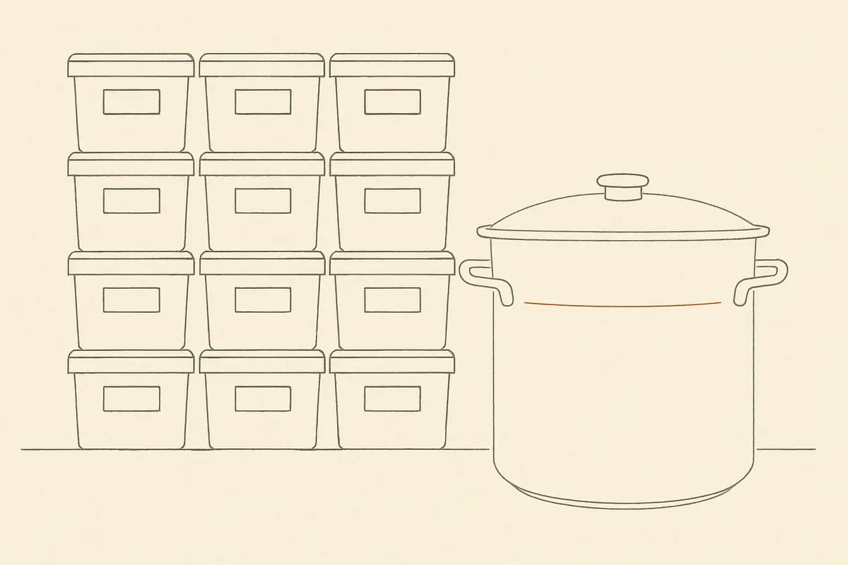 Line drawing of a grid of stacked storage containers beside a large cooking pot.