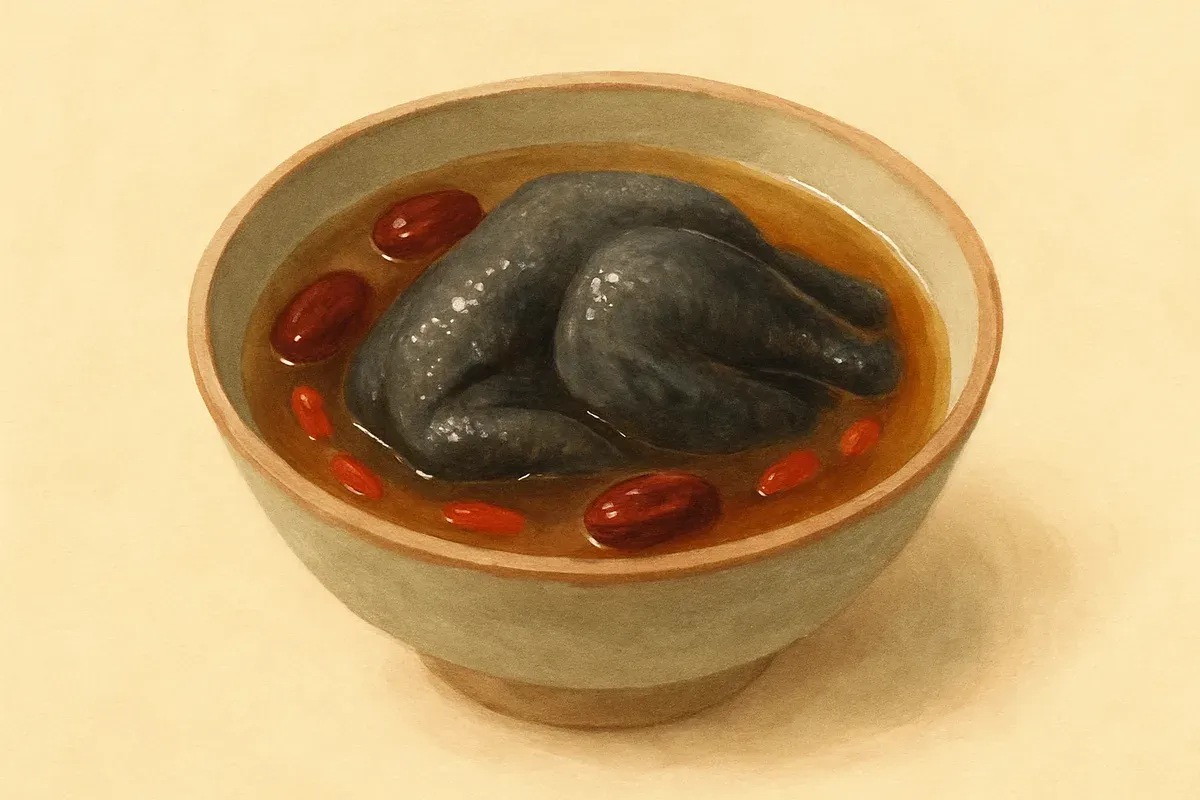 Illustration of Black chicken herbal soup, made with silkie (black) chicken and dang gui.