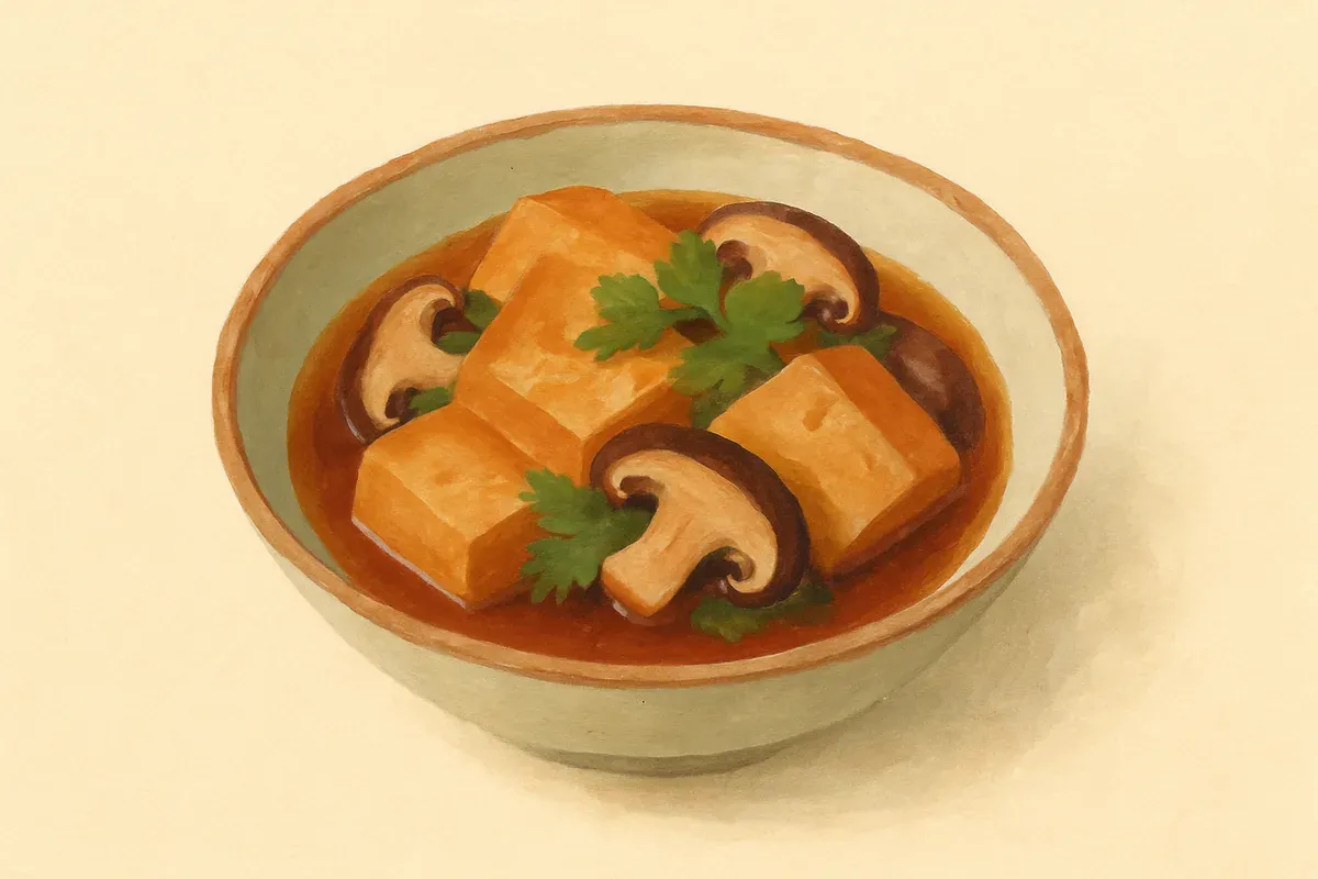 Illustration of Ginger-braised bean curd with mushrooms, made with bean curd and shiitake mushroom.