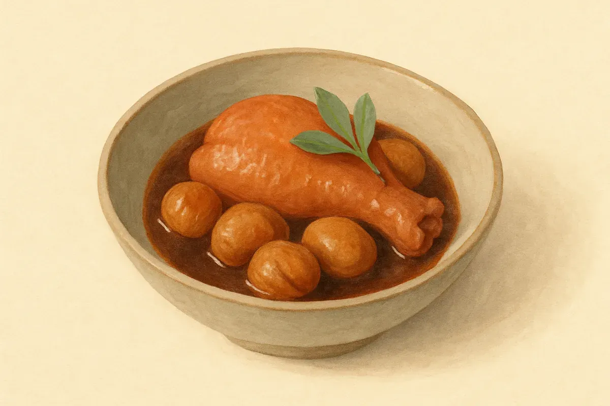 A soft illustration of Braised chicken with chestnuts.