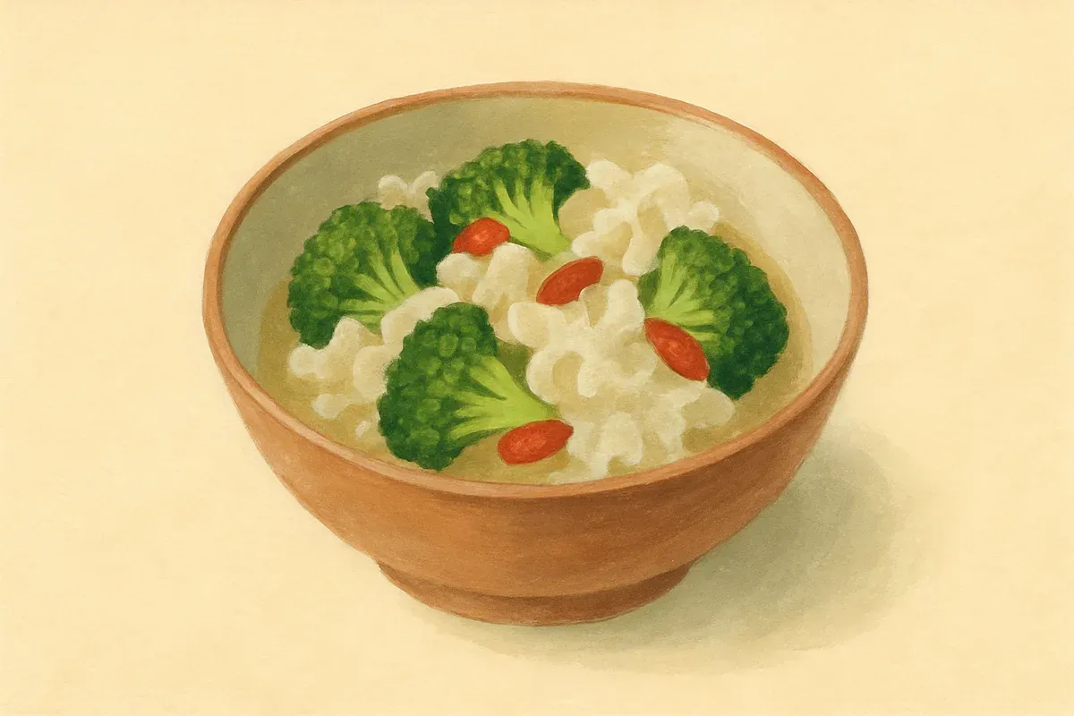 Illustration of Broccoli with white fungus and goji, made with white fungus and goji berries.
