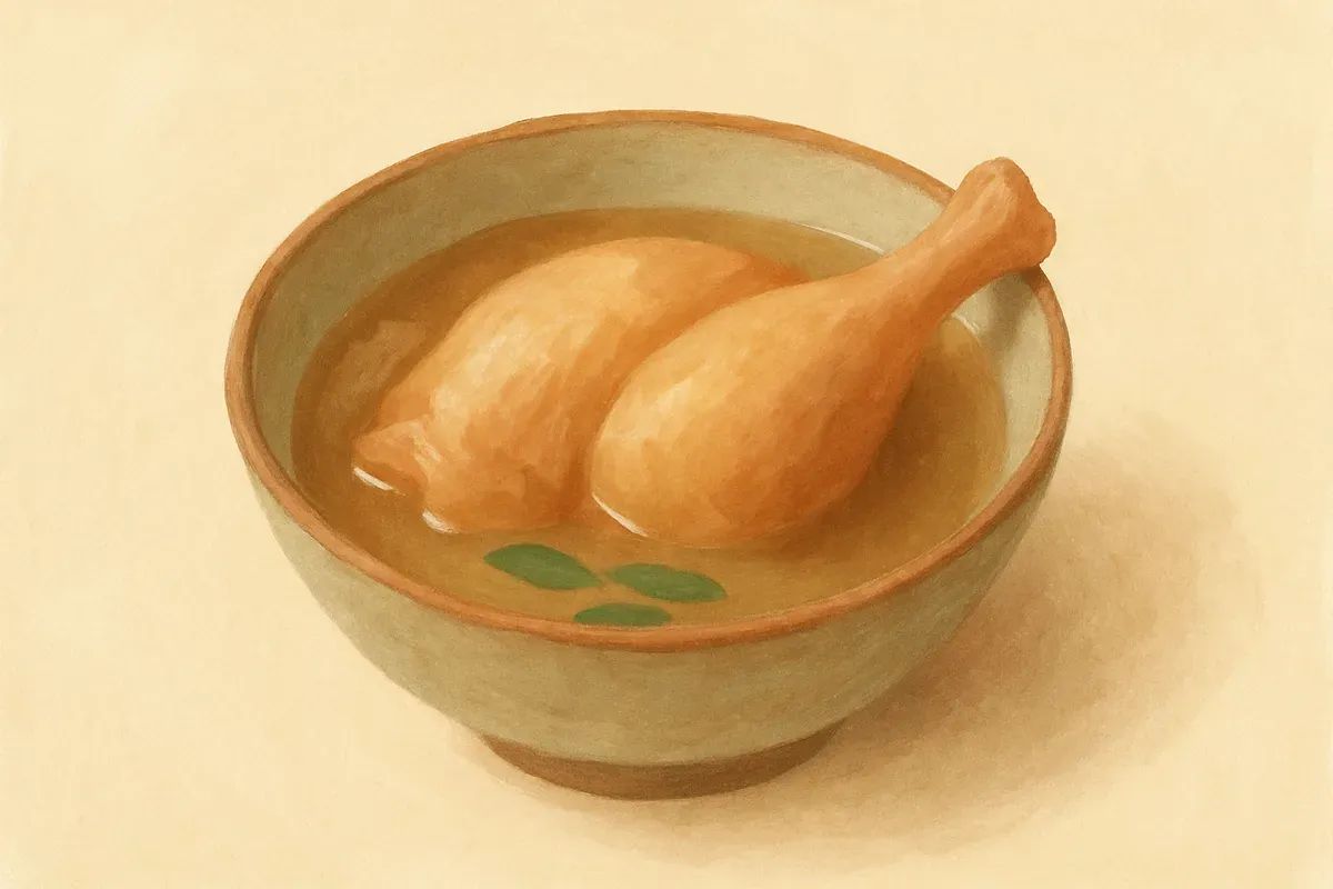 Illustration of Chicken in rice wine, made with glutinous rice wine and black fungus.