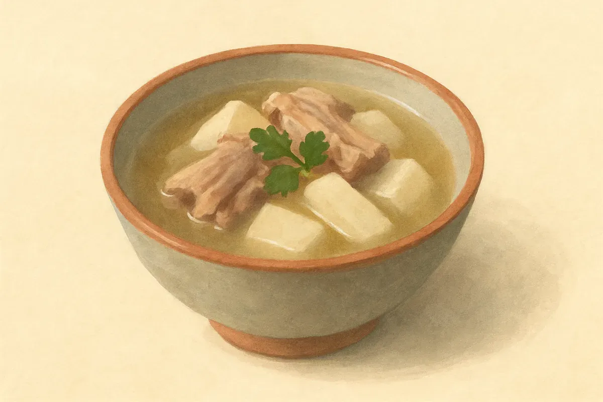 Illustration of Chinese yam and pork rib soup, made with Chinese yam and Red dates.