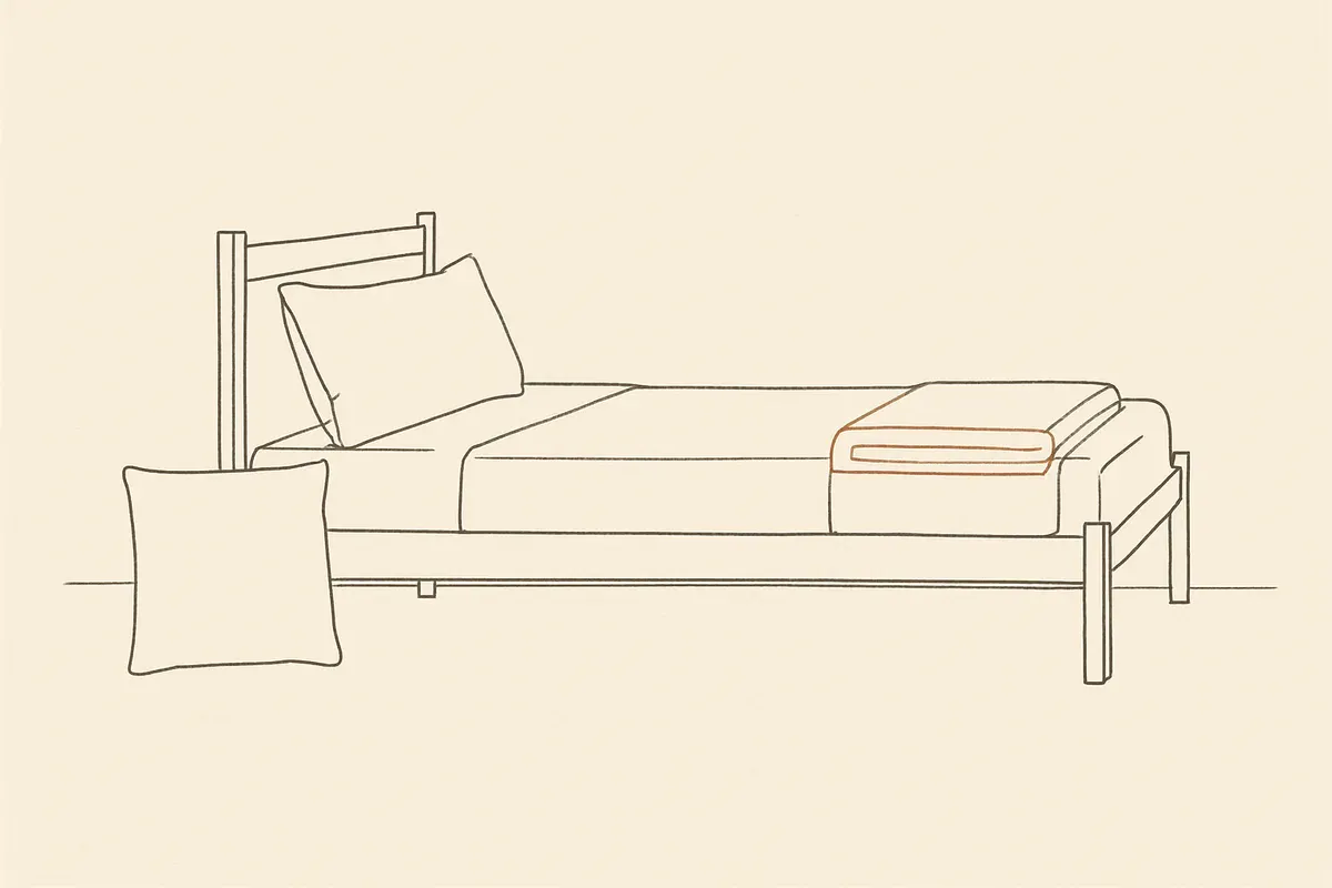 Line drawing of a neatly made bed with a firm cushion propped against it and a folded blanket at its foot.