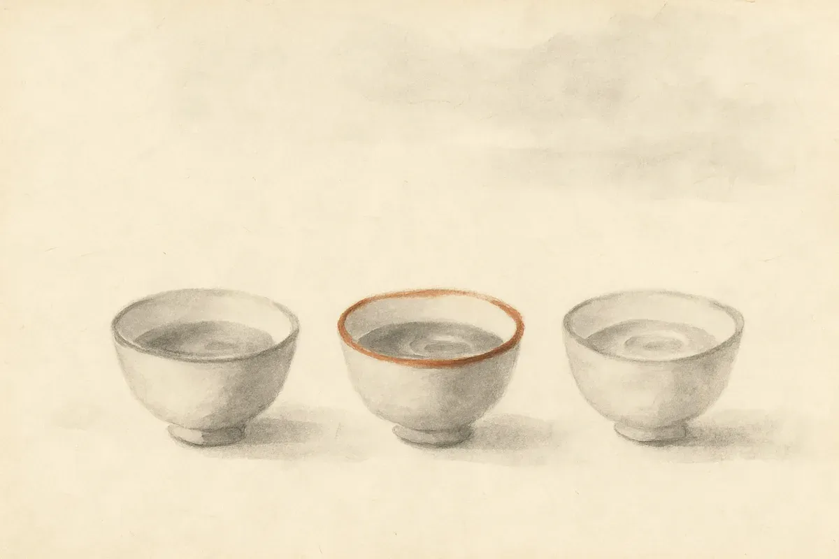 Ink wash illustration of three ceramic soup bowls of different shapes arranged in a row.