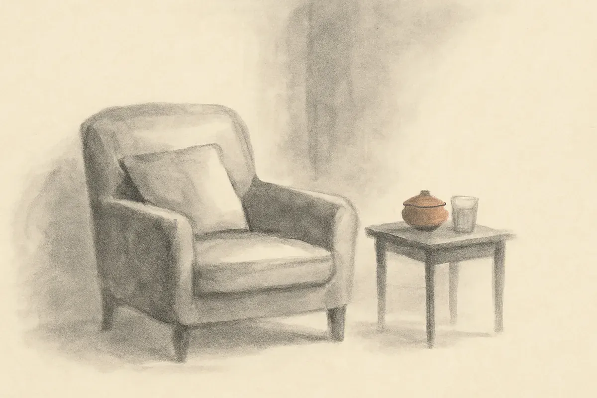 Ink wash illustration of an armchair with a cushion and a side table holding a covered bowl and a glass of water.