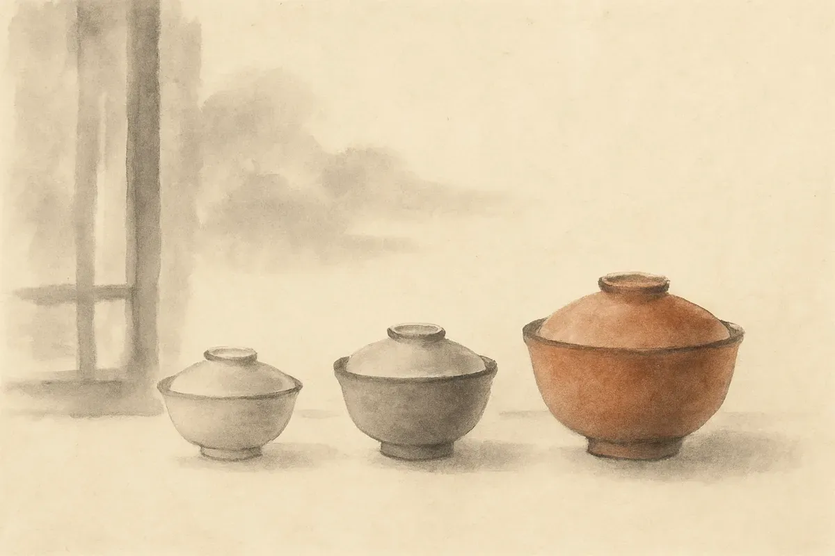 Ink wash illustration of three covered bowls in increasing size, suggesting a month from light to rich.