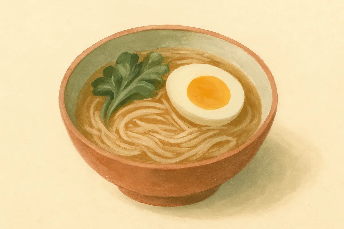 Illustration of Confinement mee sua with egg, made with mee sua and black sesame oil.