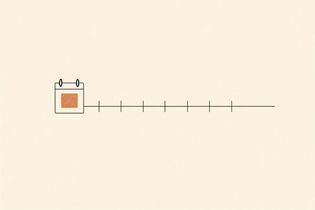 Line drawing of a calendar page beside a ruled timeline marked at even intervals.