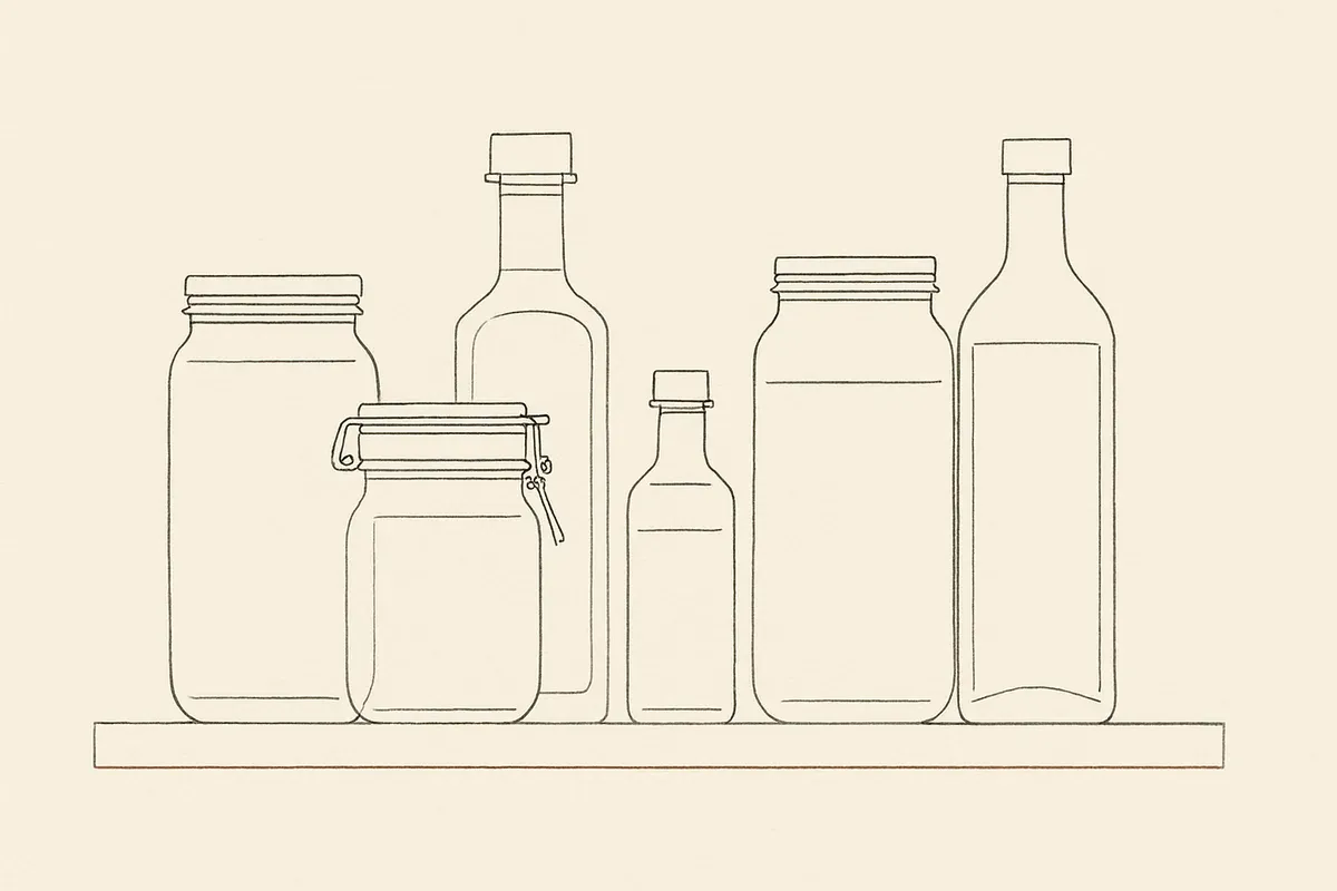 Line drawing of pantry jars and bottles of different heights standing in a row on a shelf.
