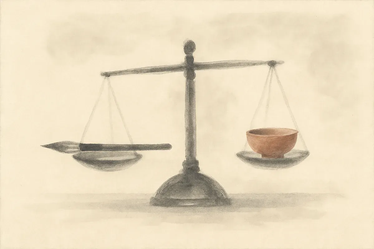 Ink wash illustration of a balance scale at rest and level, holding an ink brush and a ceramic bowl.