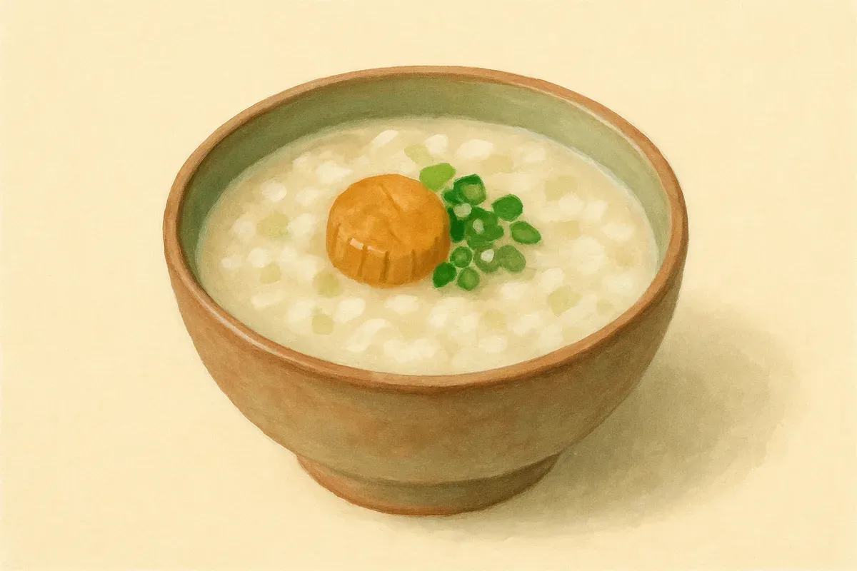 Illustration of Dried scallop congee, made with dried scallops and rice.