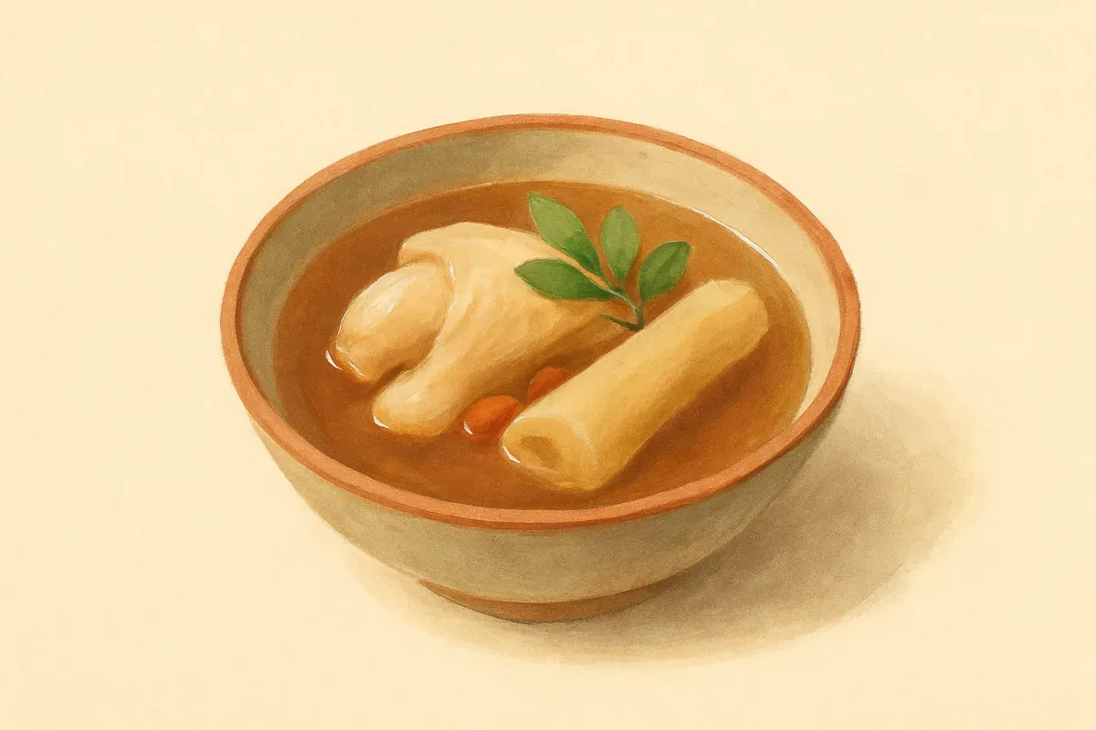 Illustration of Fish maw and chicken tonic soup, made with fish maw and dried scallops.
