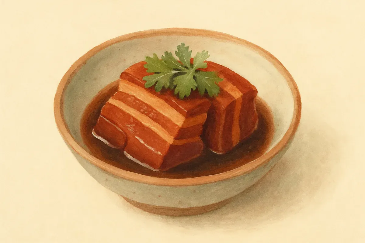 Illustration of Five-spice braised pork belly, made with star anise and old ginger.