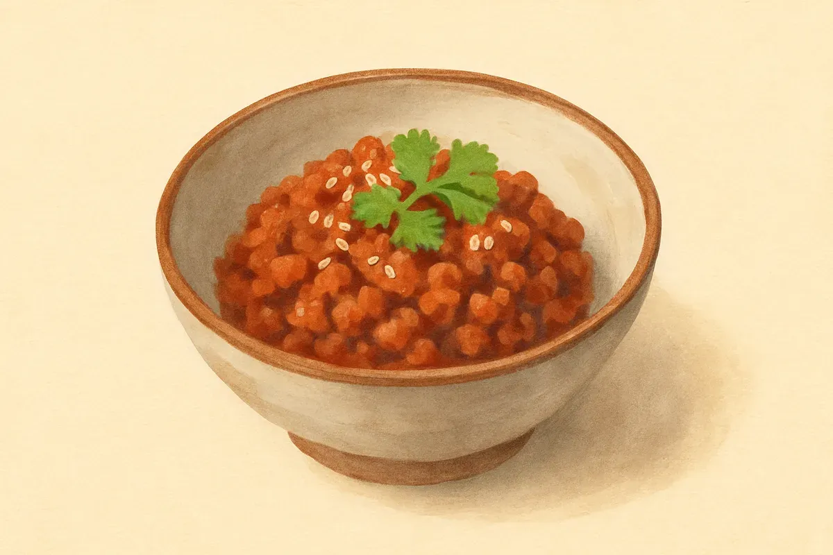 Illustration of Ginger and sesame minced pork, made with black sesame oil and shiitake mushrooms.