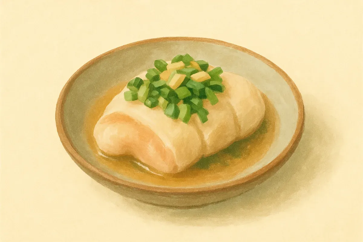 Illustration of Ginger and spring onion steamed chicken, made with old ginger and spring onion.