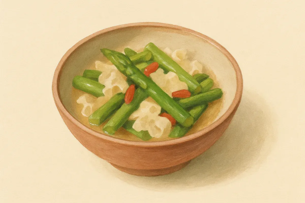 A soft illustration of Ginger asparagus with white fungus and goji.