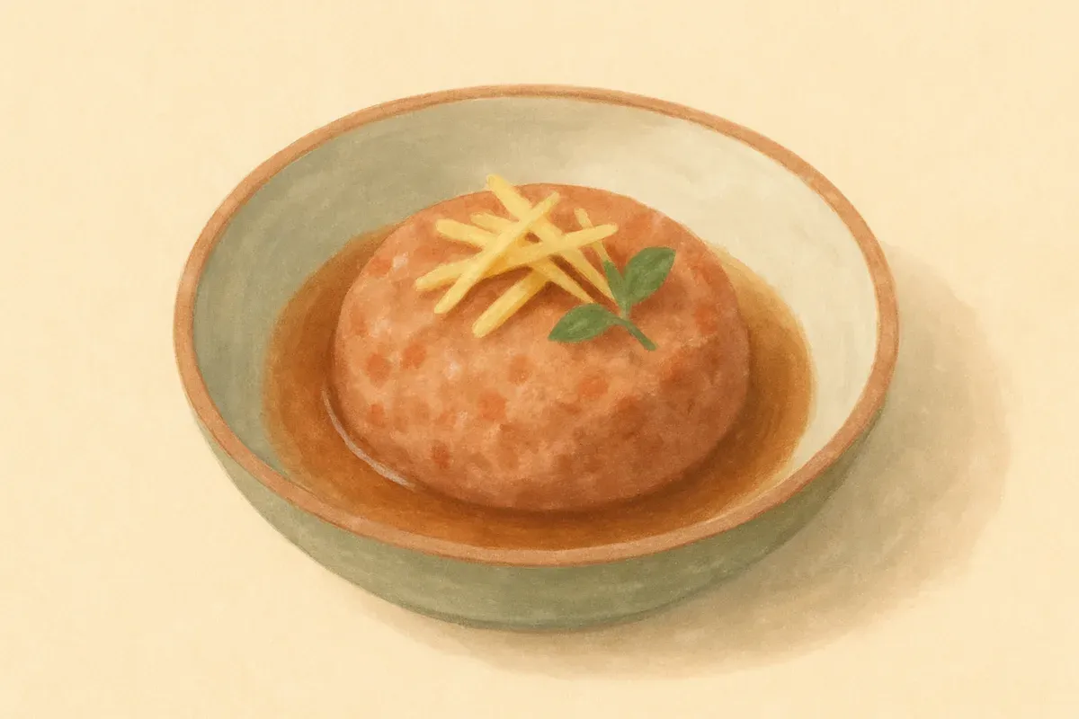 Illustration of Ginger steamed pork patty, made with minced pork and old ginger.