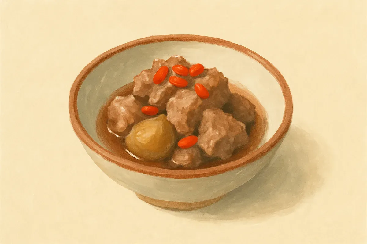 Illustration of Goji and chestnut steamed pork ribs, made with chestnuts and goji berries.