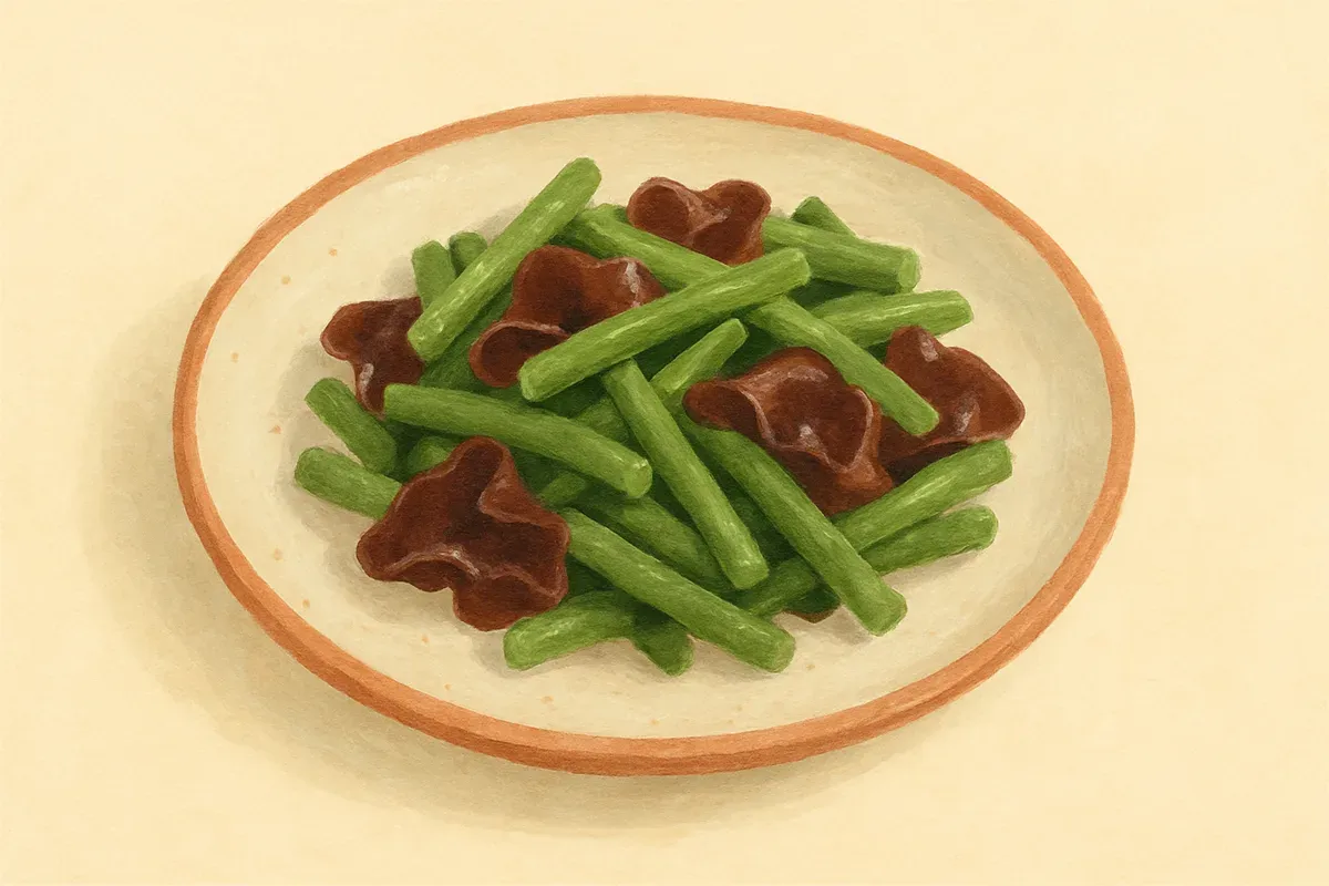 Illustration of Green beans with wood ear, made with black wood ear.