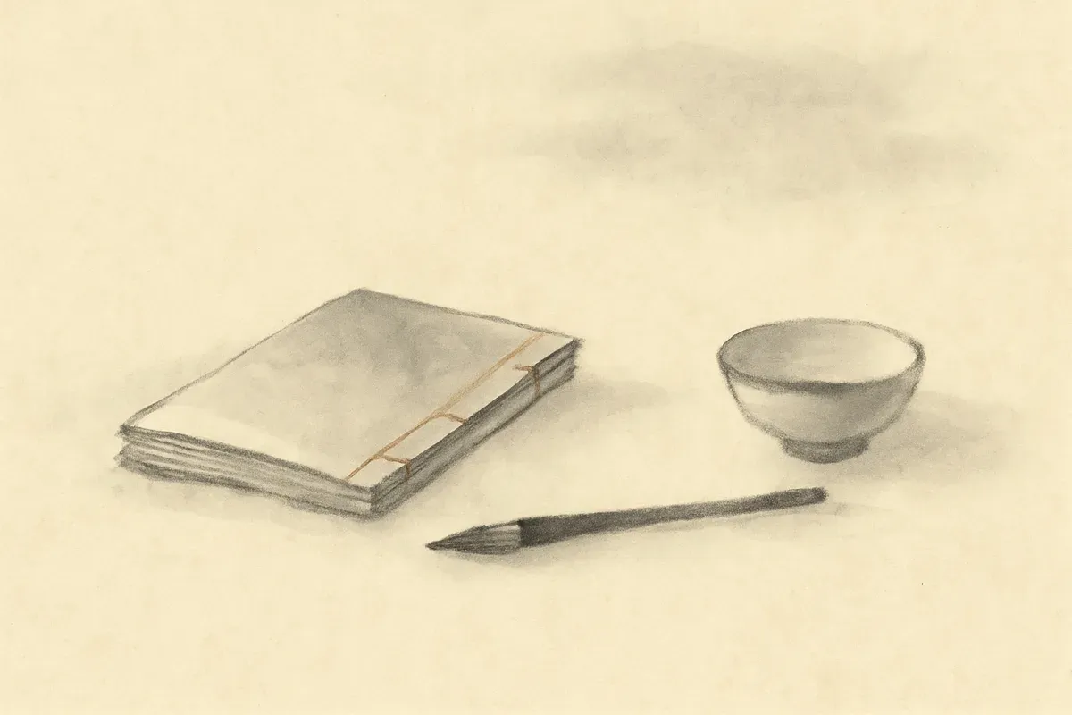 Ink wash illustration of an old thread-bound book open beside a calligraphy brush and a ceramic bowl.