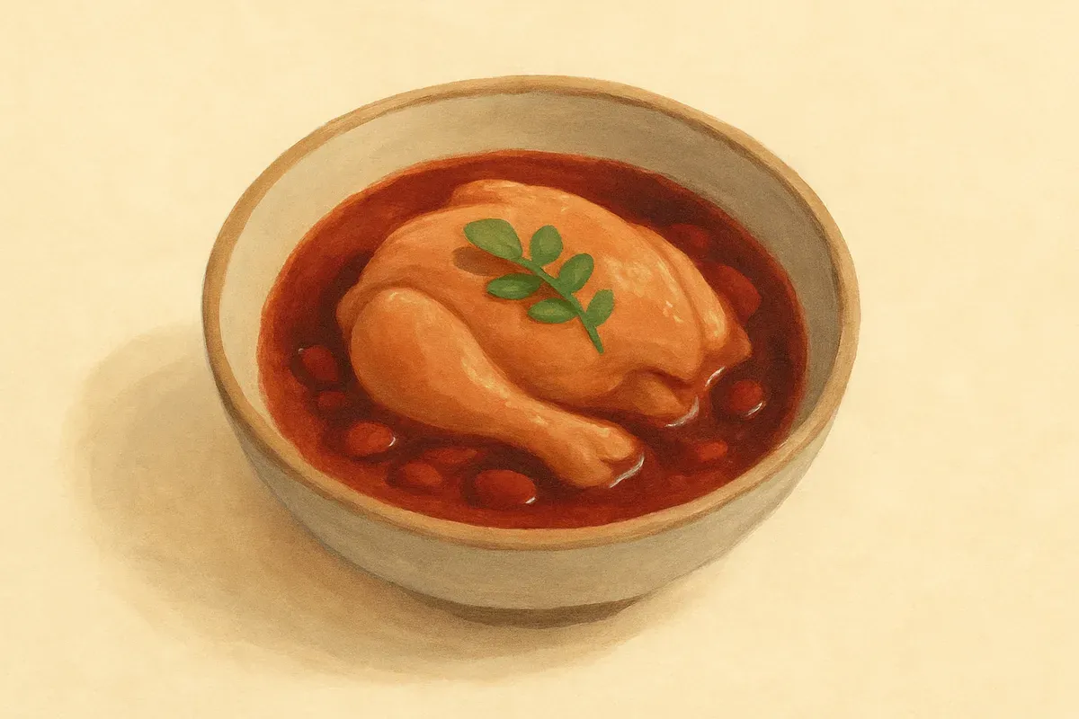 Illustration of Hong zao chicken, made with red rice wine lees and old ginger.