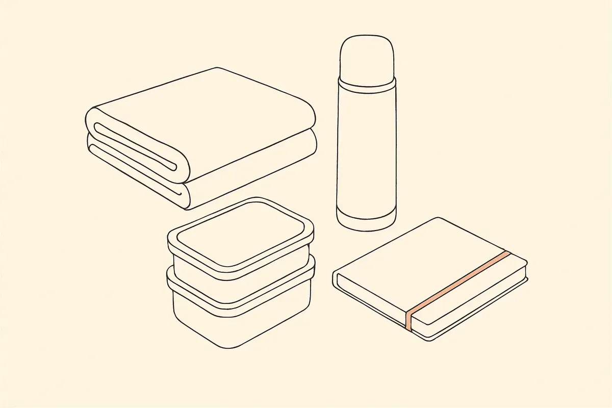 Line drawing of preparation laid out in neat rows: a folded blanket, a thermos, stacked containers and a notebook.