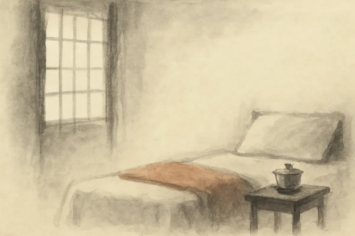 Ink wash illustration of a quiet bedroom: a made bed with a terracotta blanket, a covered teacup on a side table, light through a window.