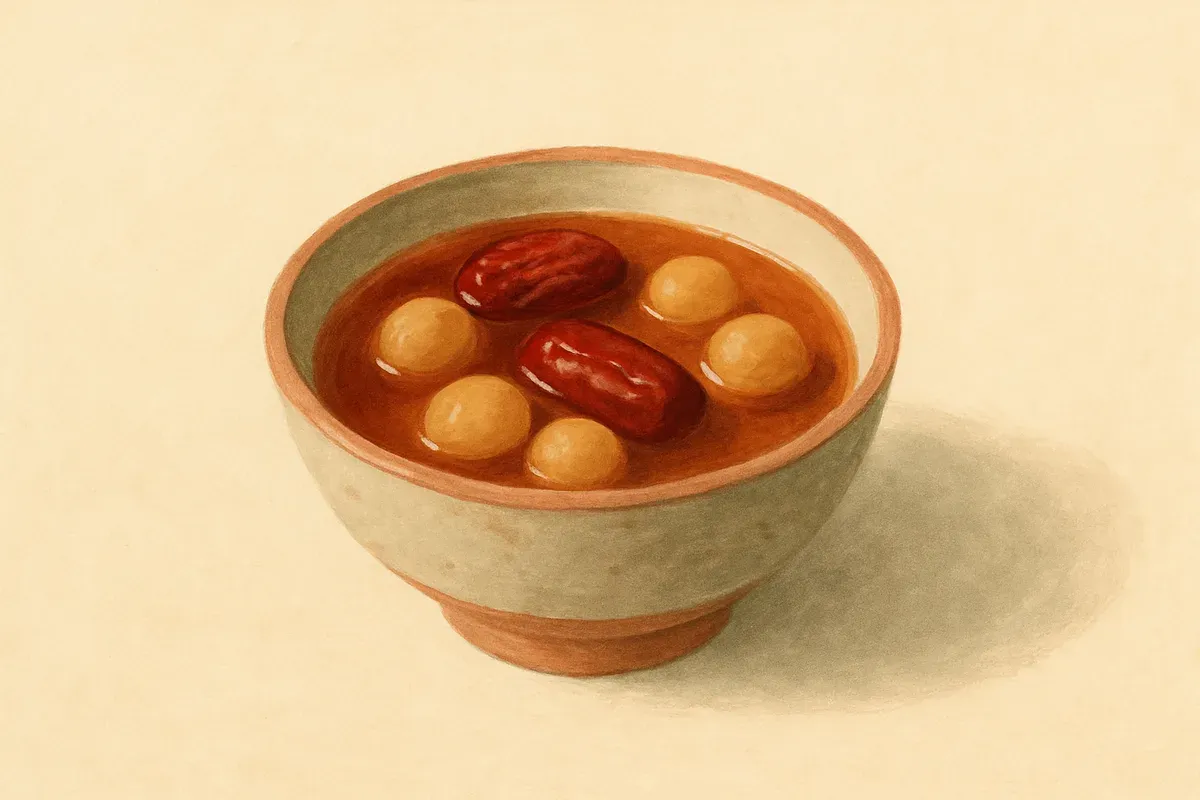 Illustration of Longan and red date tea, made with dried longan and red dates.
