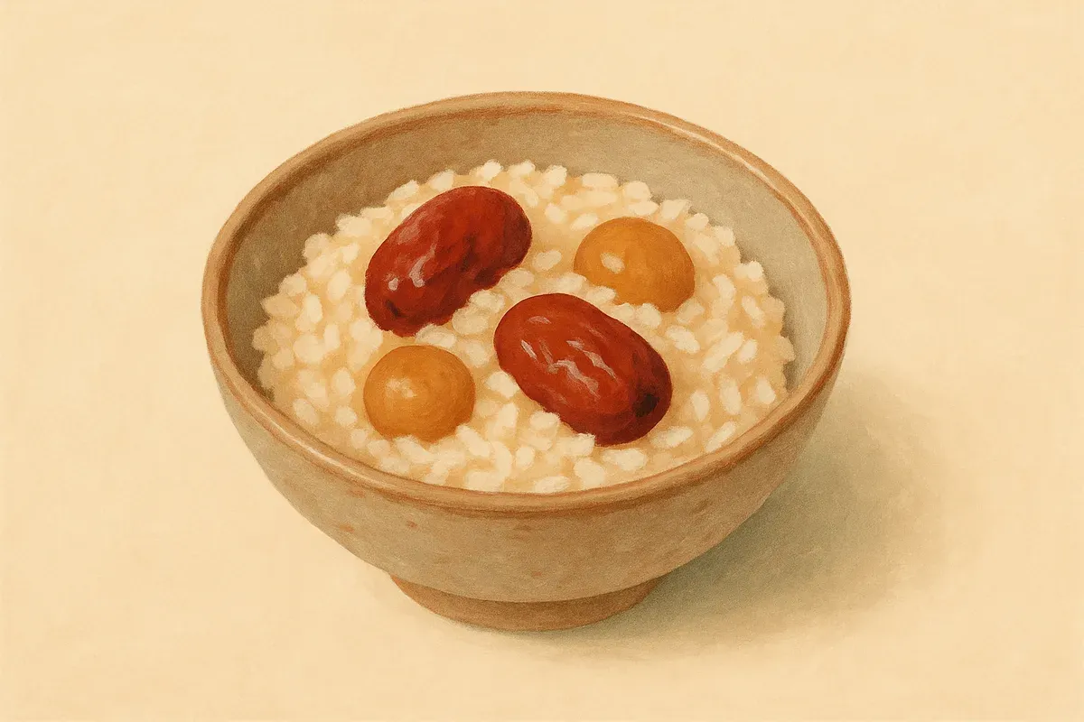 A soft illustration of Longan and red date glutinous rice.