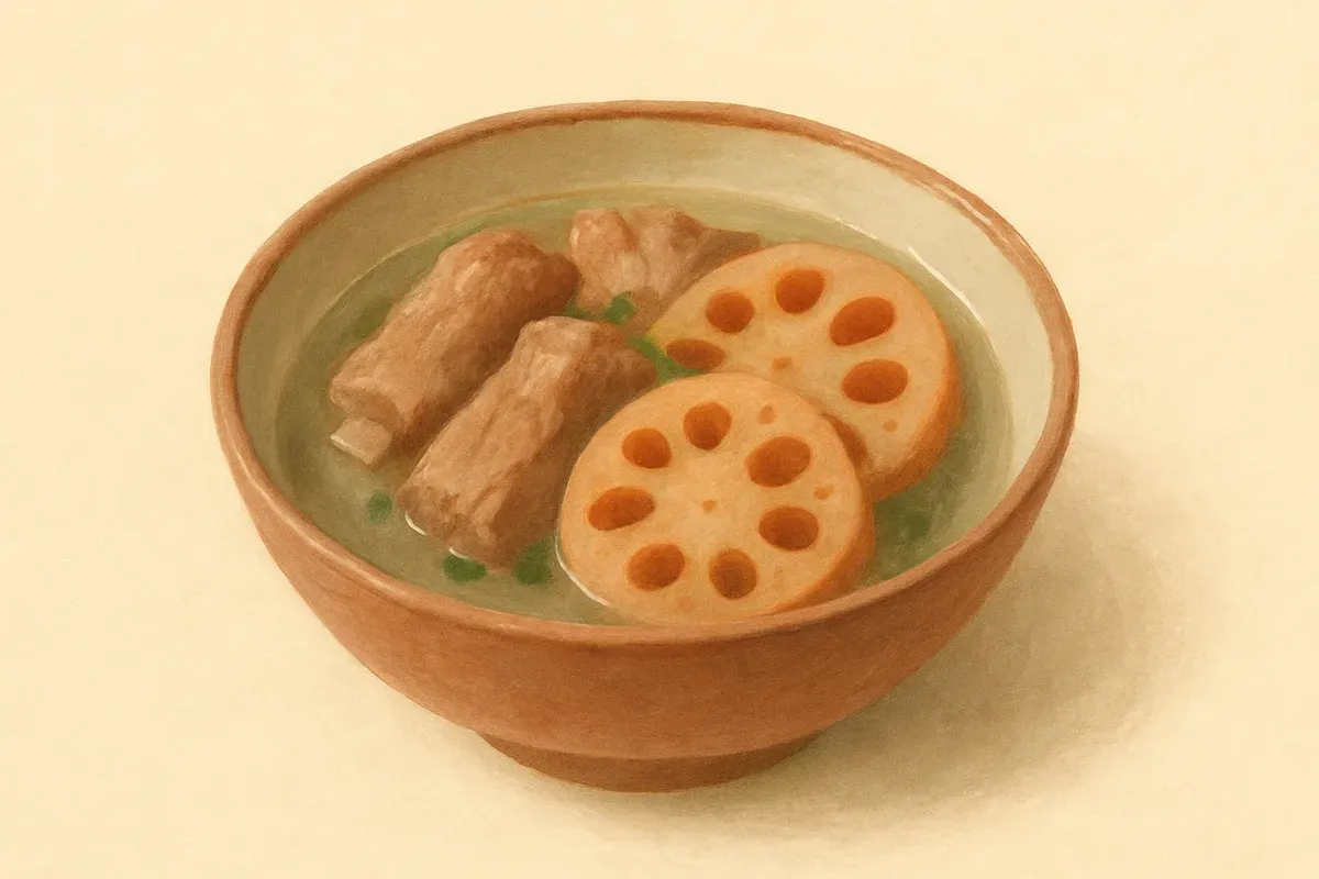 Illustration of Lotus root and pork rib soup, made with lotus root and red dates.