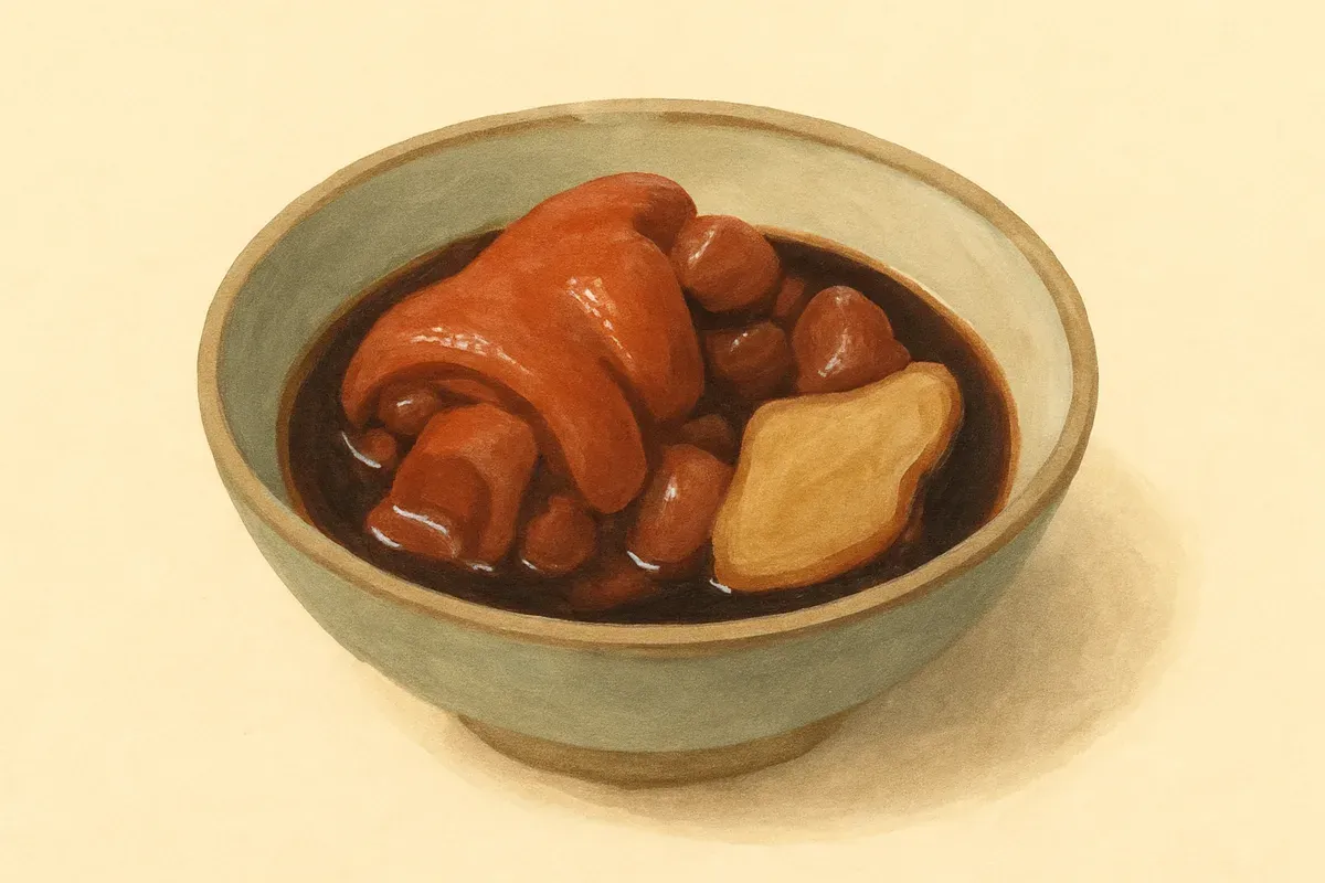 Illustration of Pork trotter in ginger and black vinegar, made with old ginger and sweetened black vinegar.