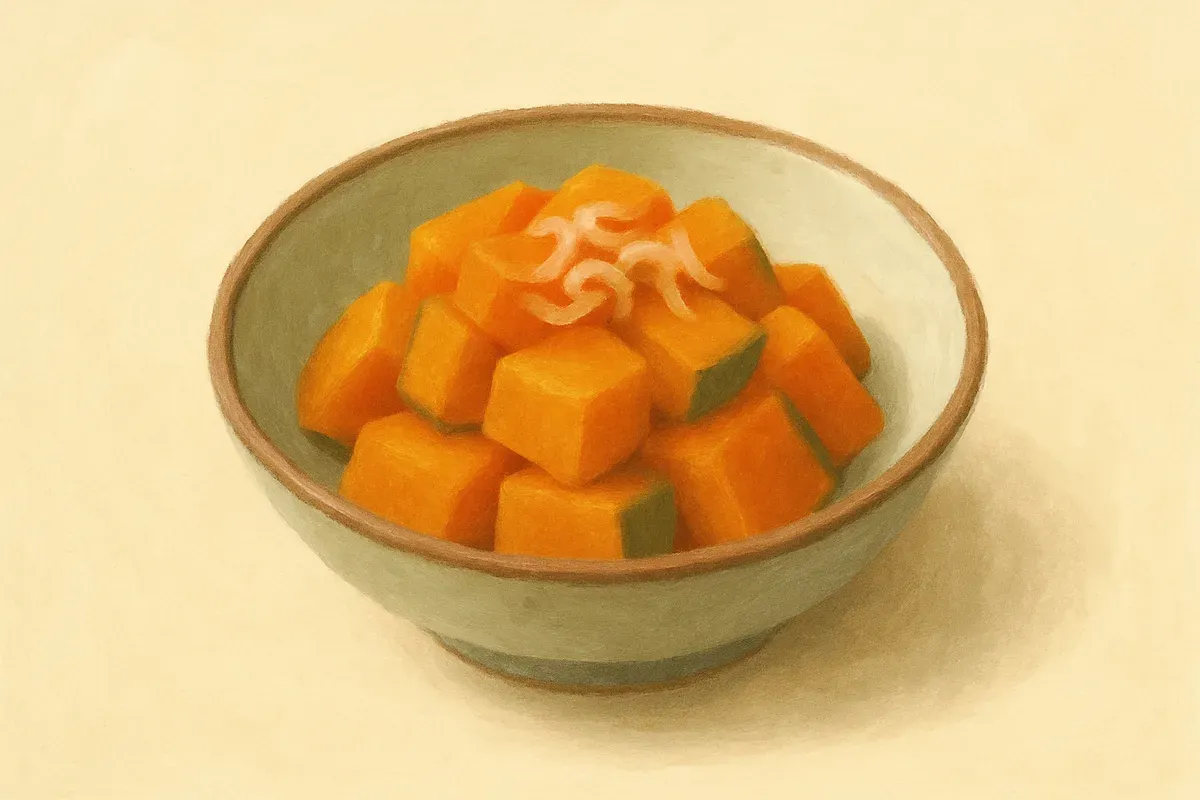 Illustration of Pumpkin with dried shrimp, made with pumpkin and dried shrimp.