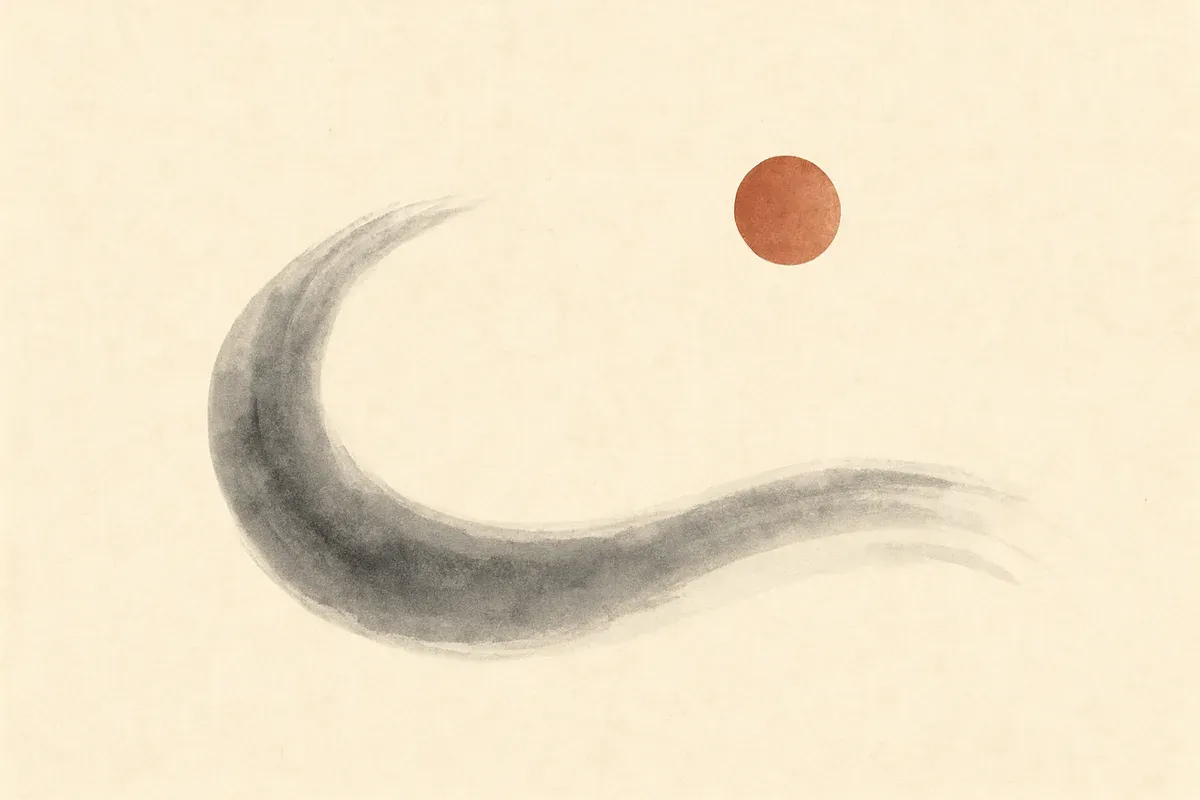 Ink wash illustration of a sweeping cold brushstroke curving around a small warm terracotta circle.