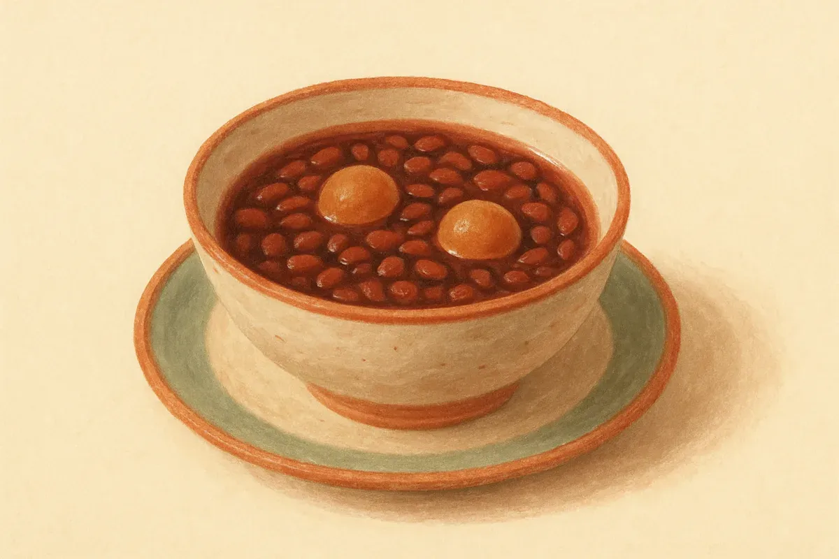 Illustration of Red bean and longan sweet soup, made with adzuki red beans and dried longan.
