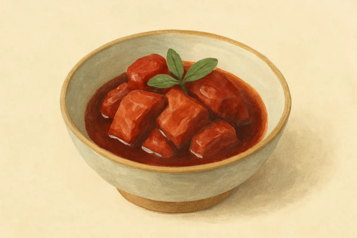 A soft illustration of Red rice wine pork.