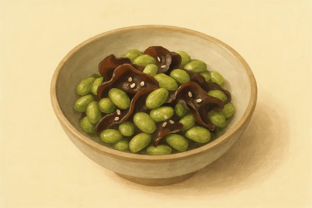 A soft illustration of Sesame edamame with wood ear.