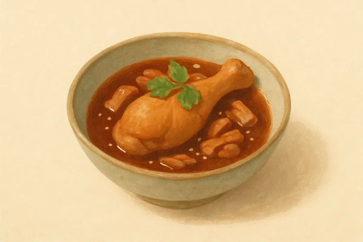 Illustration of Sesame oil chicken, made with black sesame oil and old ginger.