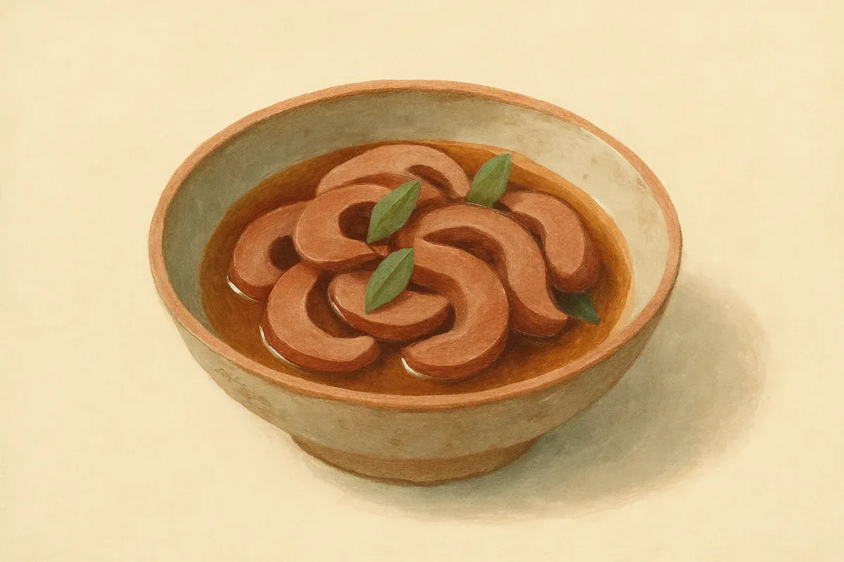 Illustration of Sesame oil pork kidney, made with pork kidney and black sesame oil.