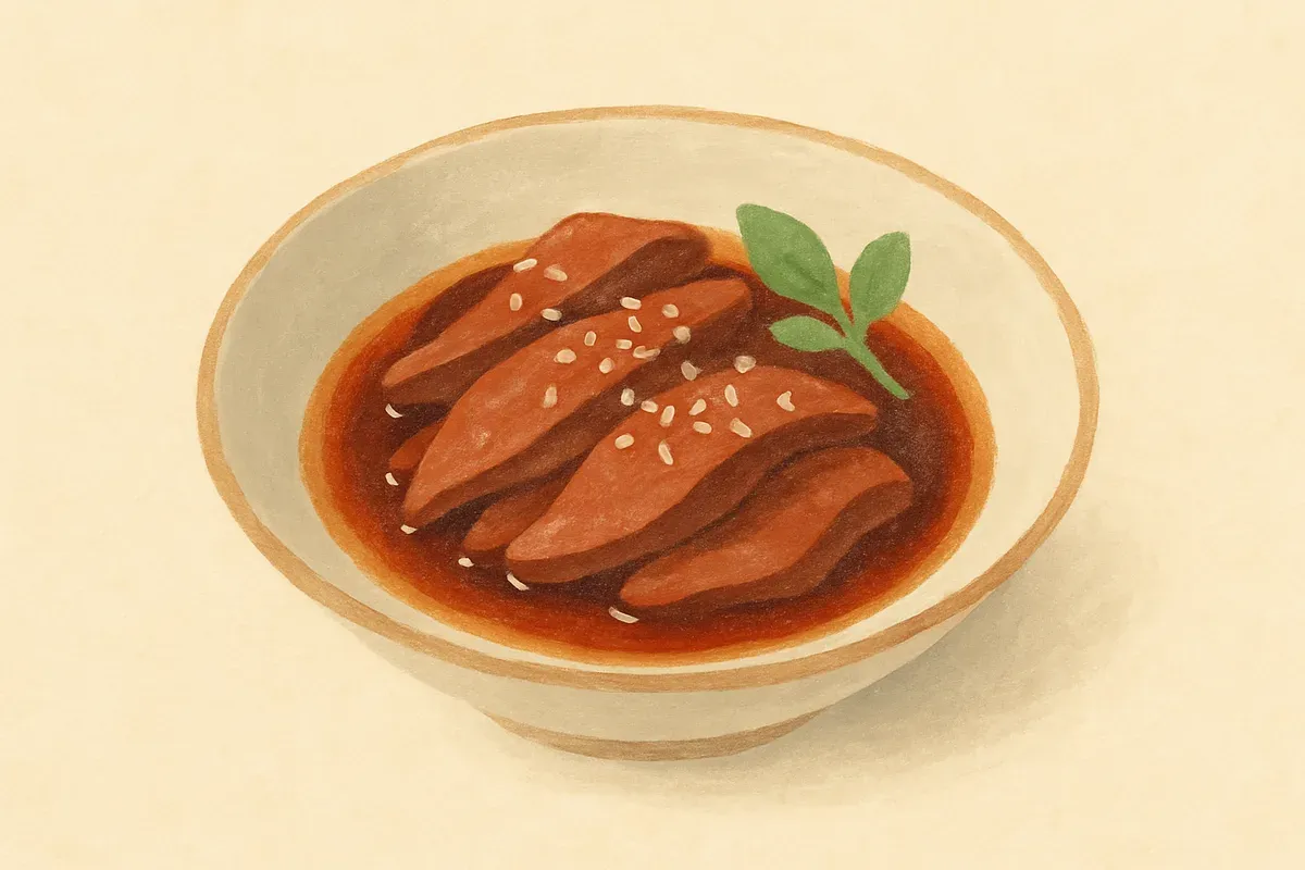 Illustration of Sesame oil pork liver, made with pork liver and black sesame oil.