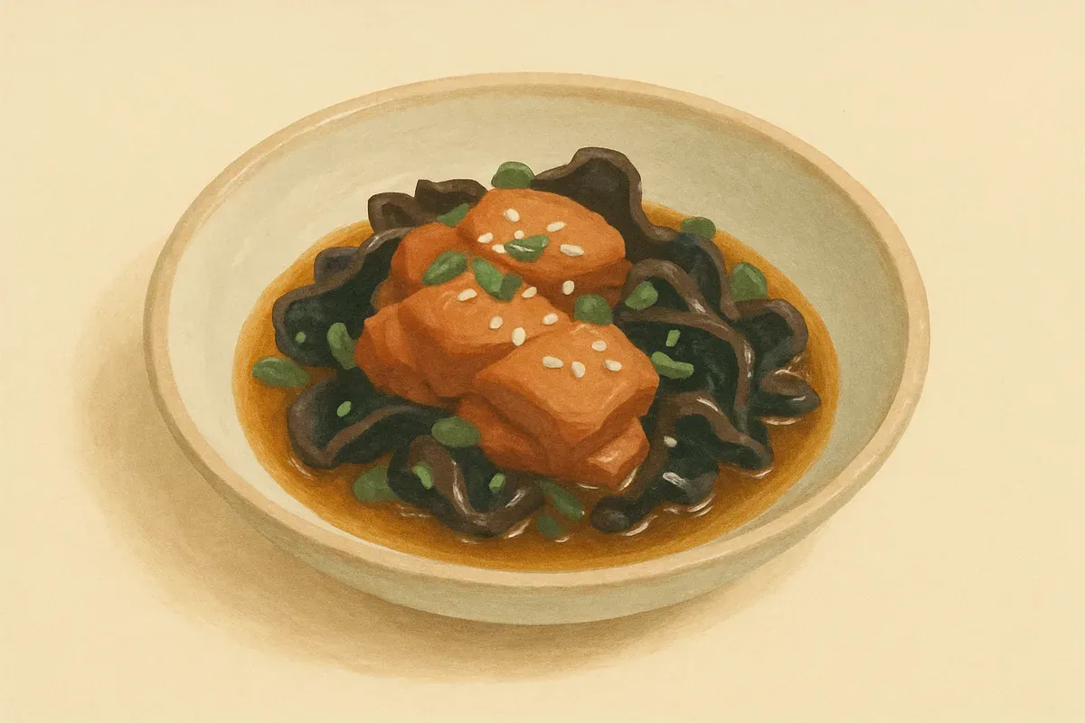 A soft illustration of Sesame oil pork with wood ear.