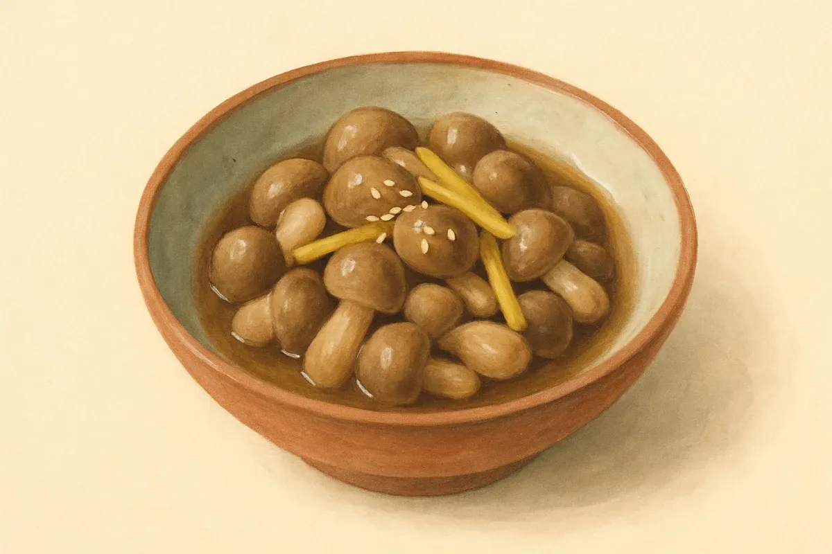A soft illustration of Sesame straw mushrooms with ginger.