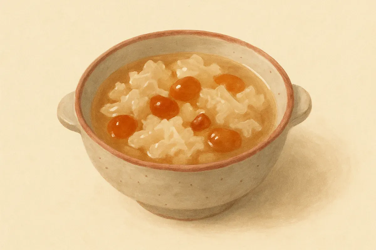 Illustration of Snow fungus and peach gum sweet soup, made with snow fungus and peach gum.