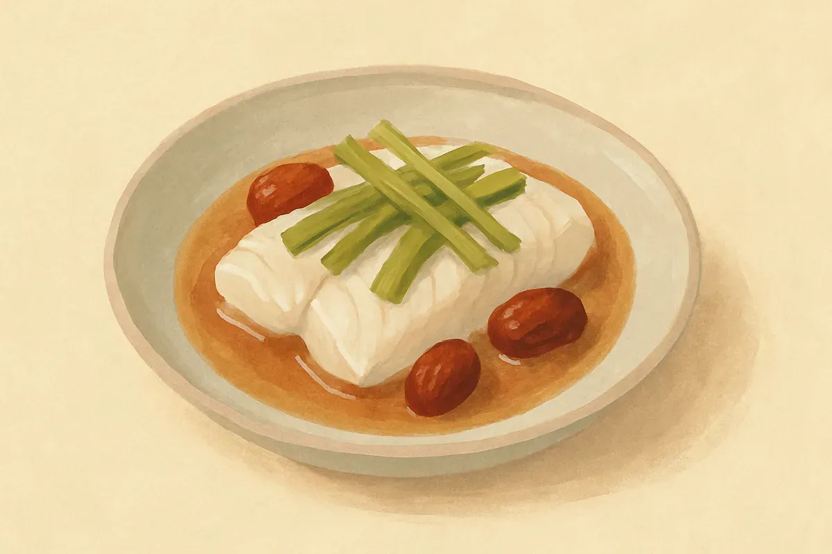 Illustration of Steamed barramundi with angelica and red dates, made with Chinese angelica and Red dates.