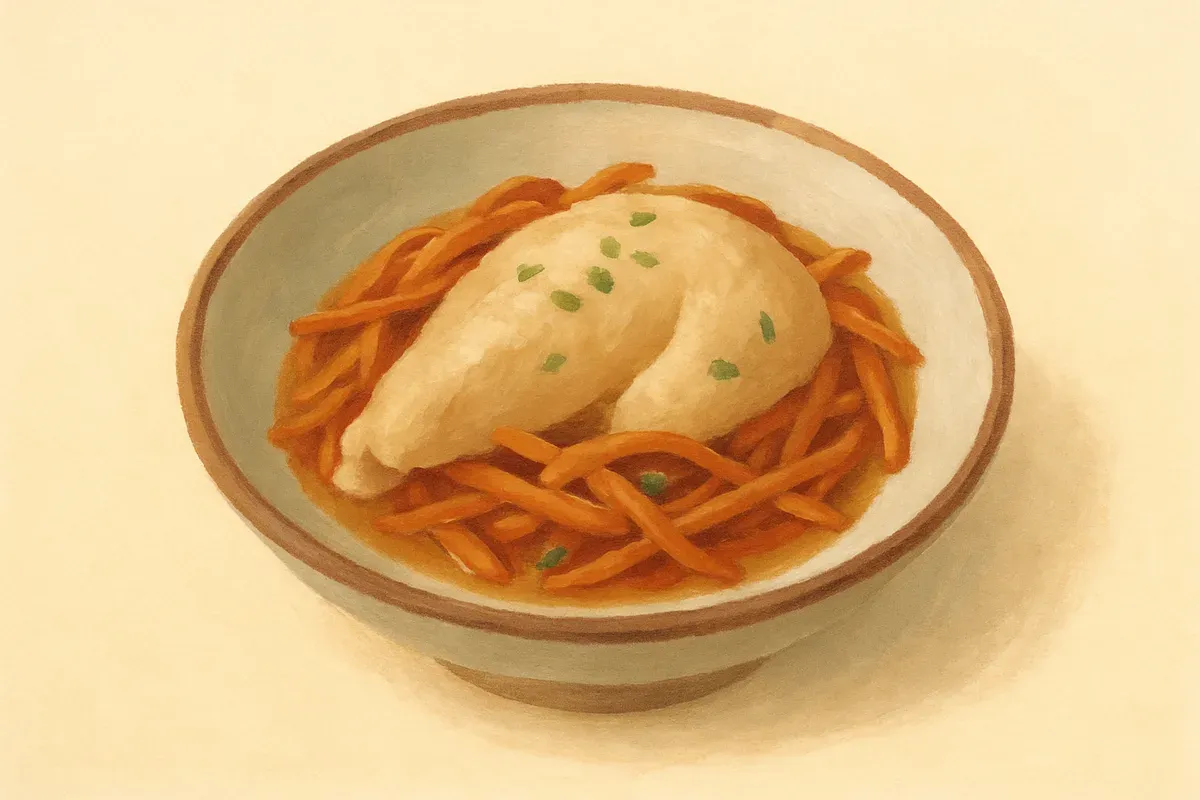 A soft illustration of Steamed chicken with dried lily flowers.