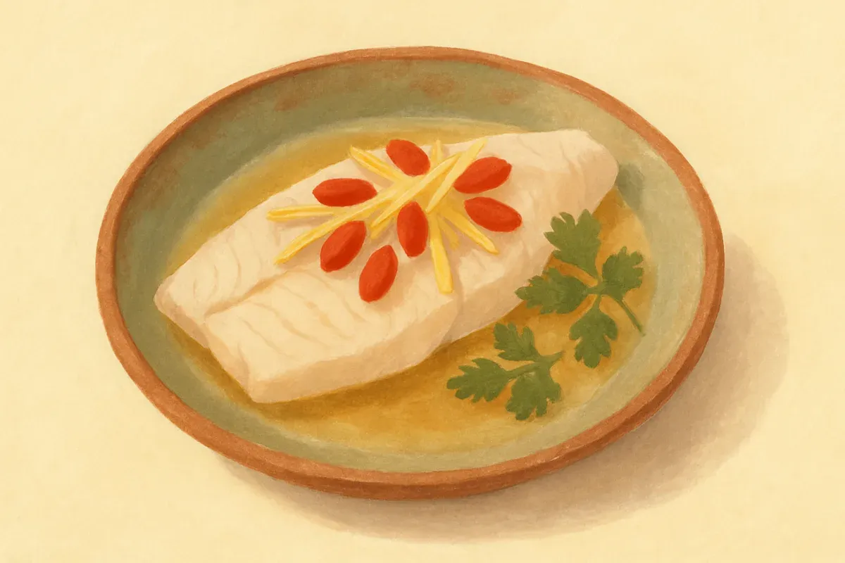 Illustration of Steamed fish with ginger and goji, made with goji berries and ginger.