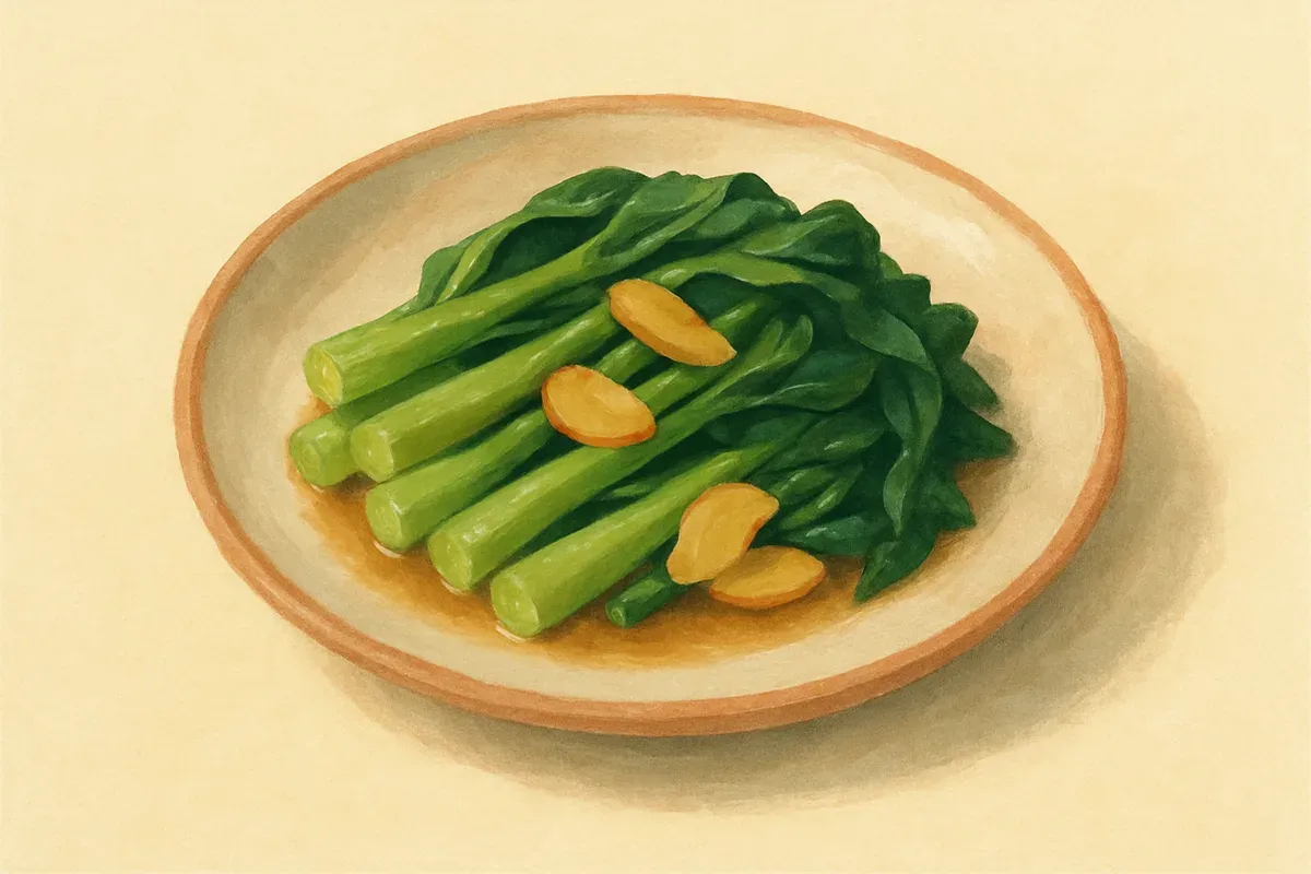Illustration of Stir-fried kai lan with ginger, made with old ginger and kai lan.